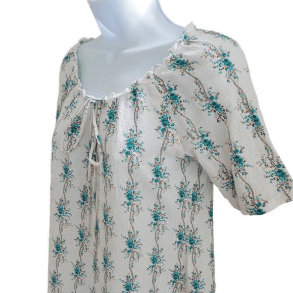 Vintage Floral Cotton Gauze Top White Blue Elastic Ruffle Neckline Short Sleeve - Picture 3 of 6